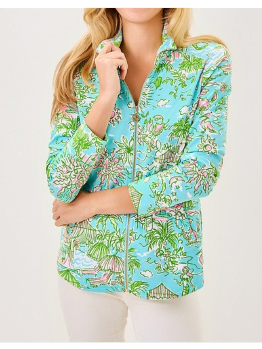 NWT Lilly Pulitzer Leona Zip Up Jacket XS Freshwater Blue Sunbathed Bliss